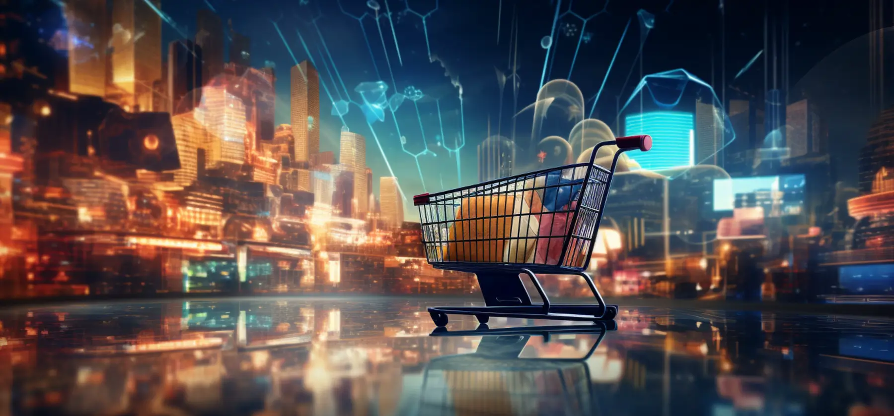A shopping cart brimming with goods gleams on a reflective surface, set against a futuristic cityscape backdrop adorned with digital icons, epitomizing the seamless efficiency of e-commerce businesses.